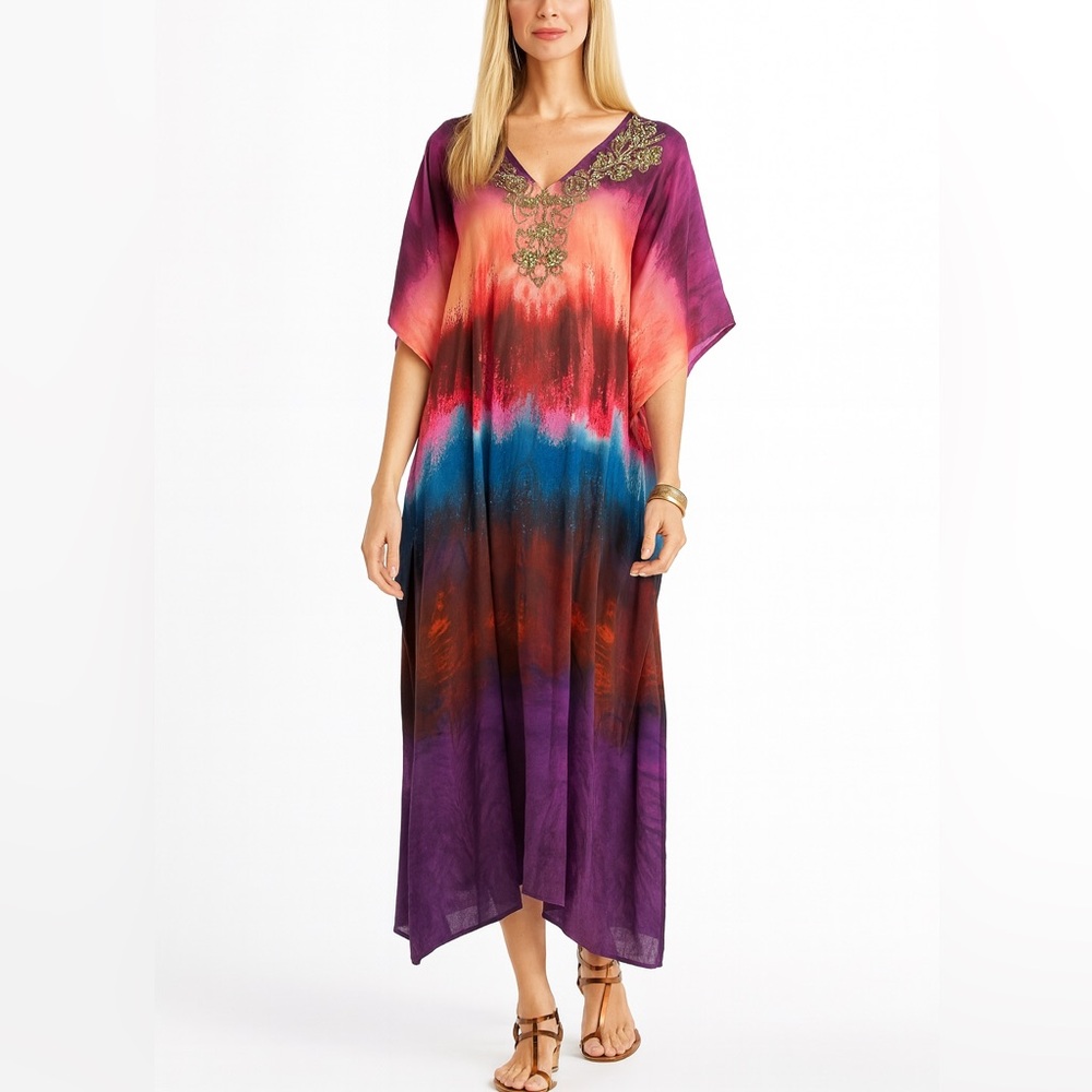 Soft Surroundings Caftan S/M Dress NEW Embellished Resort Cruise Cover Up